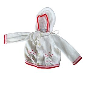 Vintage Marshall Field & Company Baby Knit Hooded Cardigan White Red Christmas